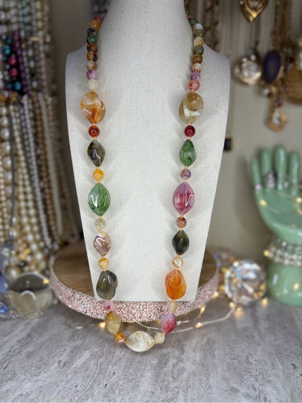 Vintage Lucite Colorful Necklace Fold Over Clasp Swirl Beads Jewelry